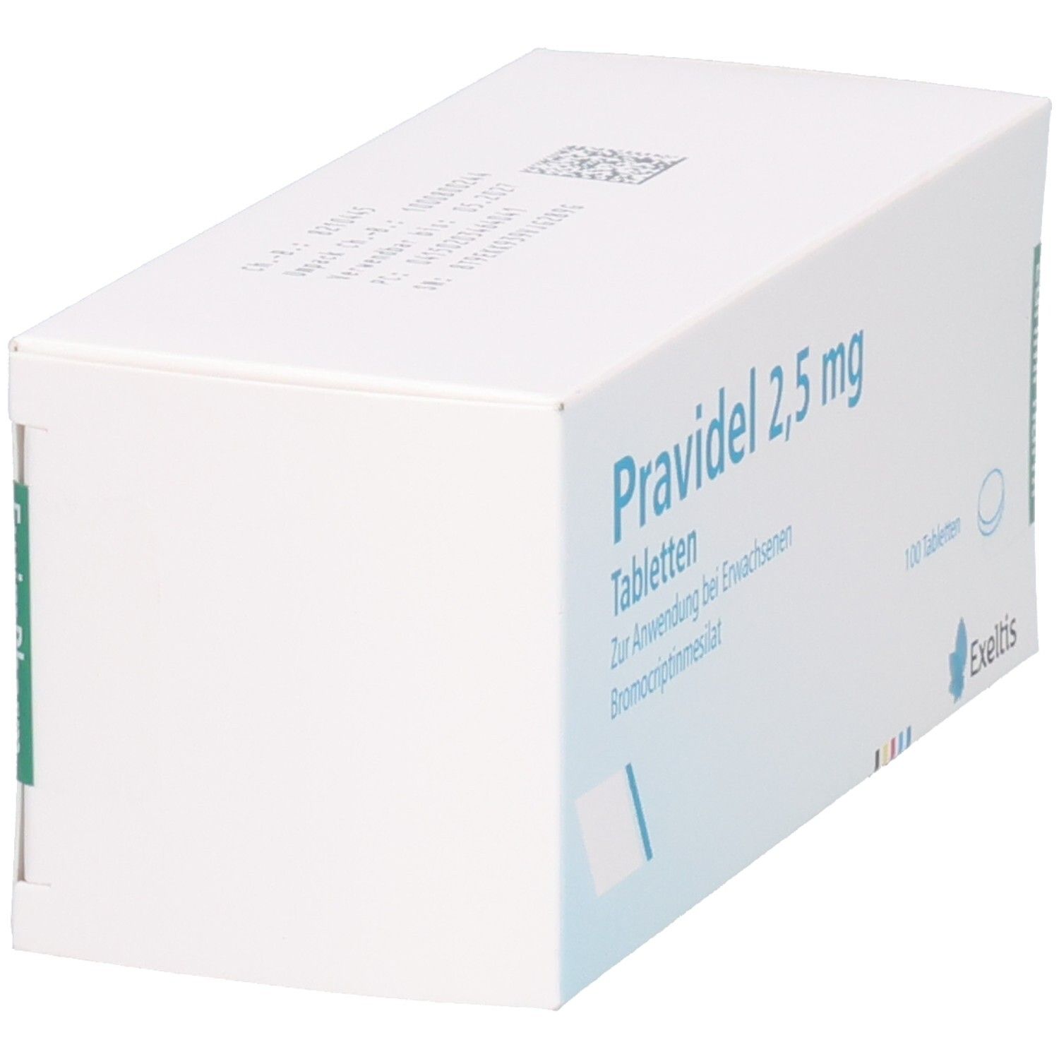 Schachtel mit PRAVIDEL 2,5 mg Tabletten. Hersteller EurimPharm. Exeltis Logo. Weiße Verpackung.