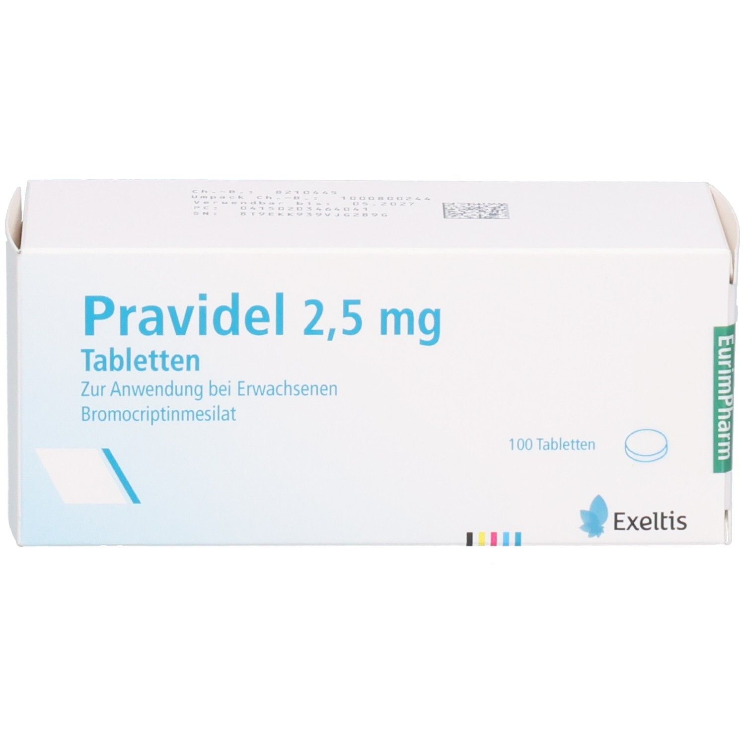 Schachtel mit PRAVIDEL 2,5 mg Tabletten. Aufschrift: 100 Tabletten. Hersteller EurimPharm. Exeltis Logo.