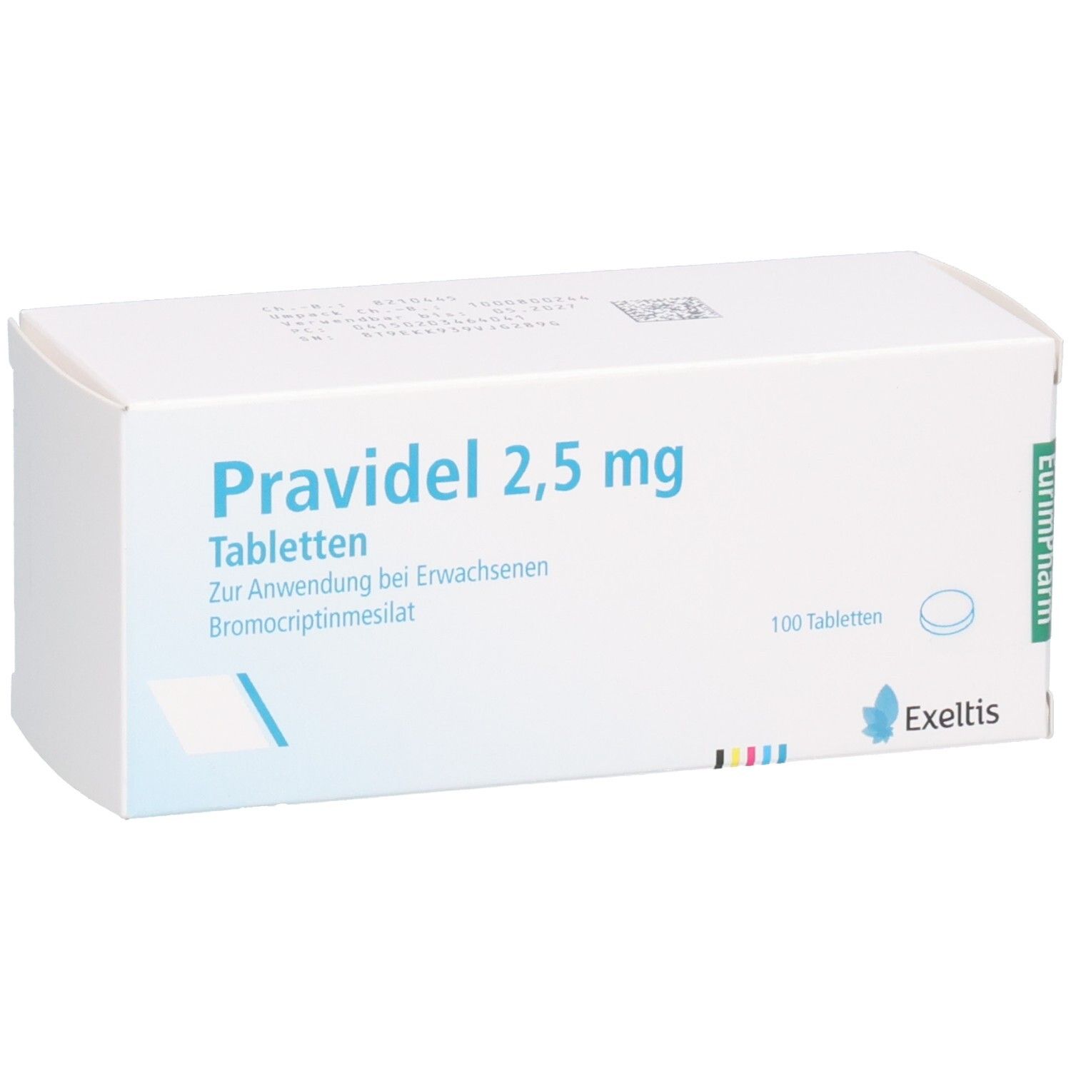 Schachtel mit PRAVIDEL 2,5 mg Tabletten. Aufschrift: 100 Tabletten. Hersteller EurimPharm. Exeltis Logo.