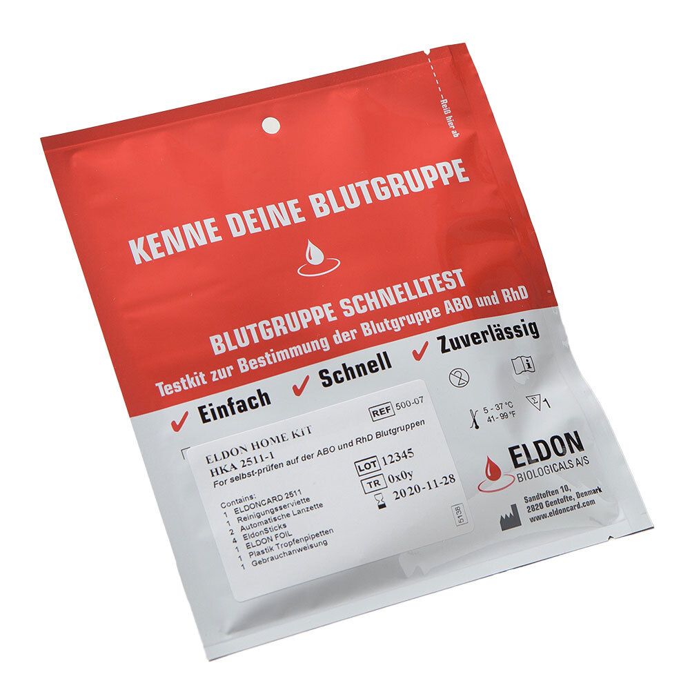 Rote und weiße Verpackung. Enthält einen Blutgruppenschnelltest. Text: ELDON HOME KIT, Einfach, Schnell, Zuverlässig. Enthält Zubehör.