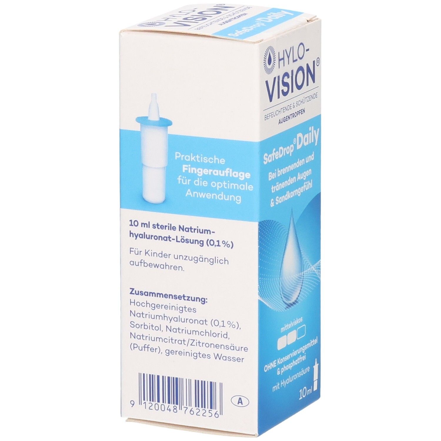 Rückseite der HYLO-VISION SafeDrop Daily Augentropfen Verpackung. Zeigt Anwendungshinweise und Zusammensetzung.