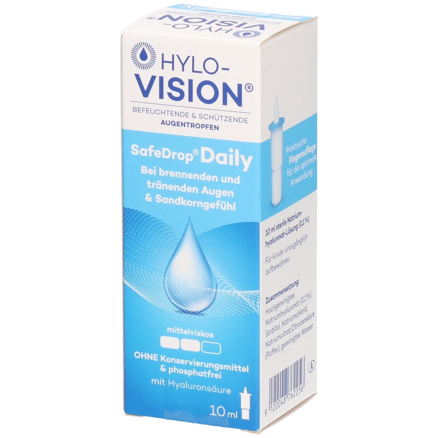 HYLO-VISION SafeDrop Daily Augentropfen Verpackung, 10ml. Vorder- und Seitenansicht mit Tropfflasche und Anwendungshinweisen.