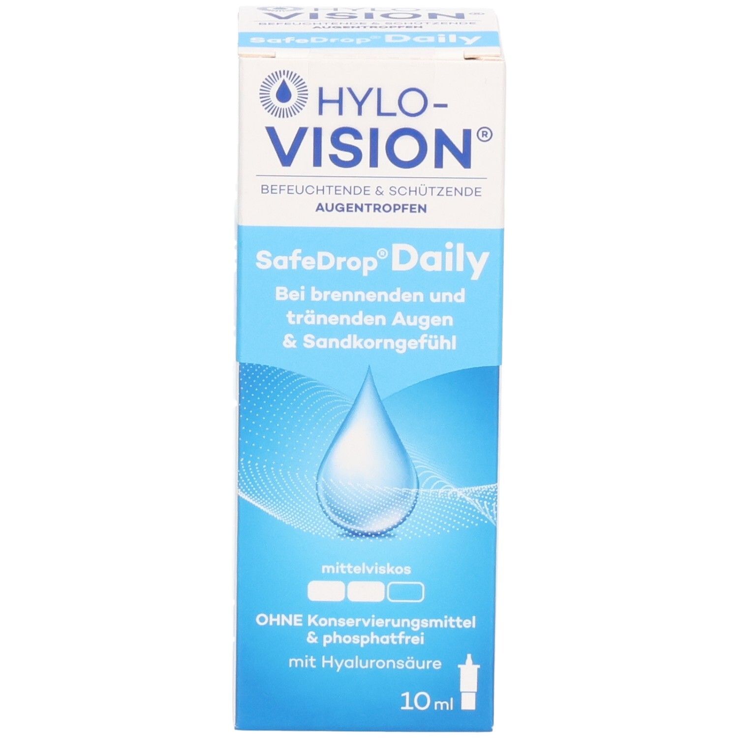Vorderseite der HYLO-VISION SafeDrop Daily Augentropfen Verpackung. Zeigt Tropfen-Symbol und Produktbezeichnung.