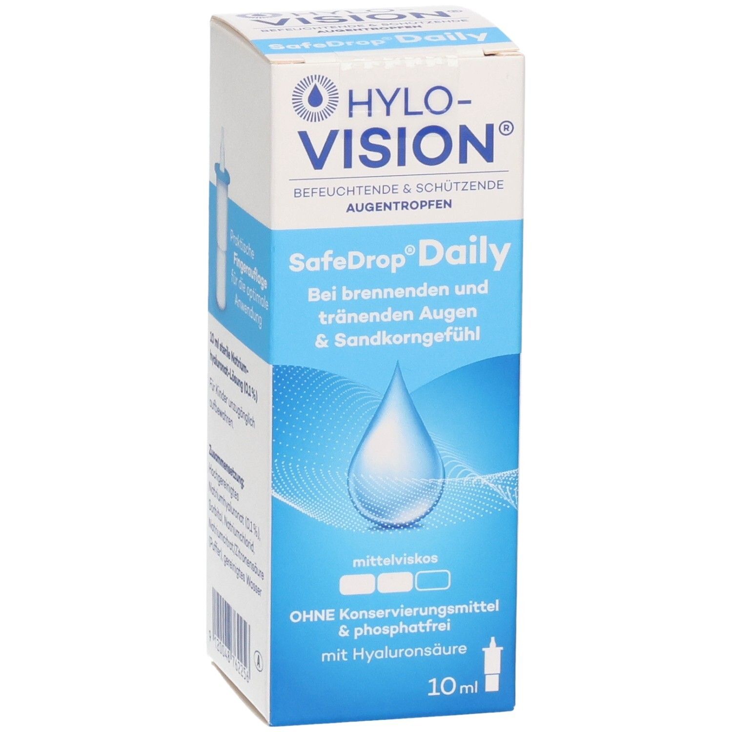 HYLO-VISION SafeDrop Daily Augentropfen Verpackung, 10ml. Schrägansicht mit Fokus auf Tropfflasche und Anwendungshinweisen.