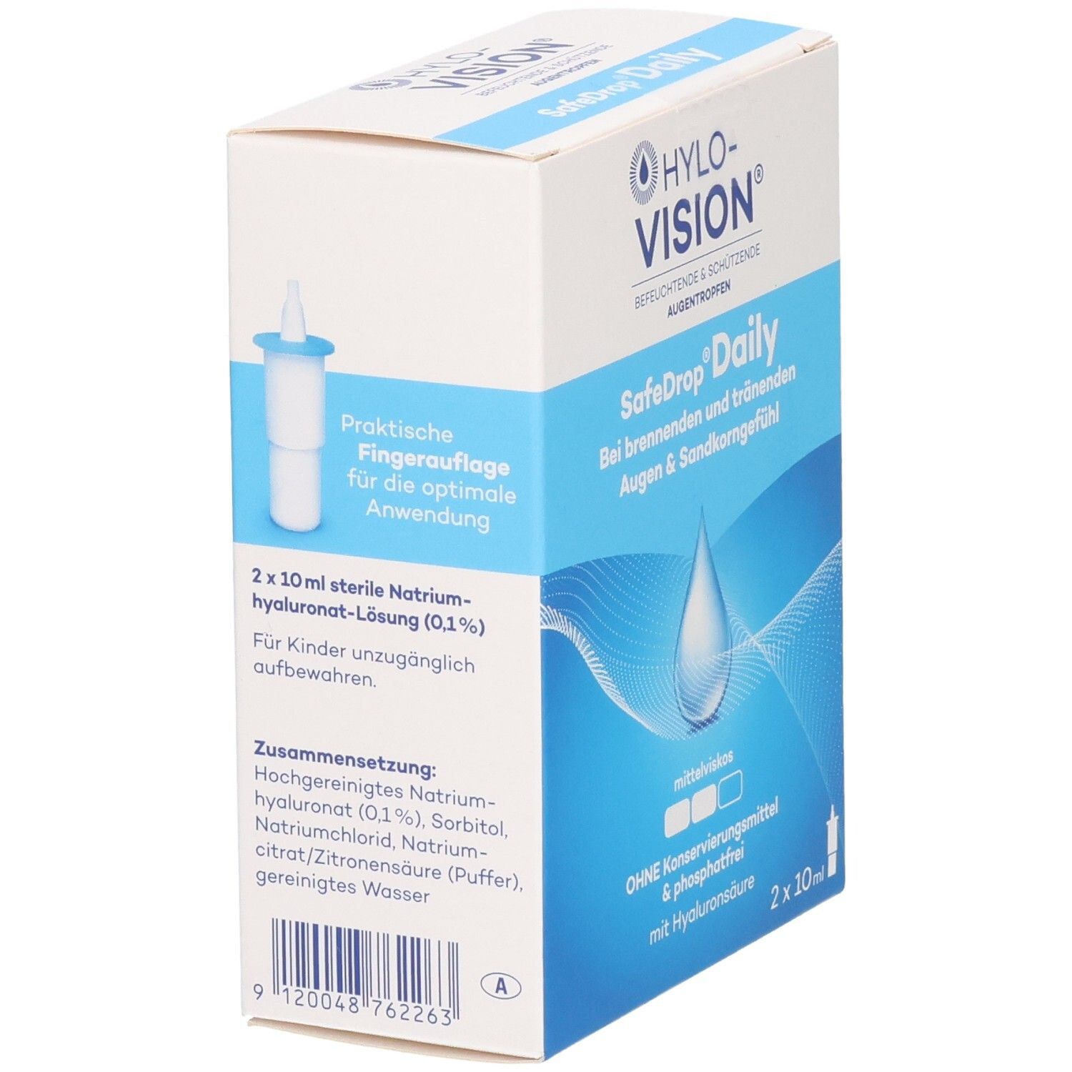 Rückseite der HYLO-VISION® SafeDrop® Daily Augentropfen Schachtel. Enthält 2x10ml sterile Natrium-Hyaluronat-Lösung.