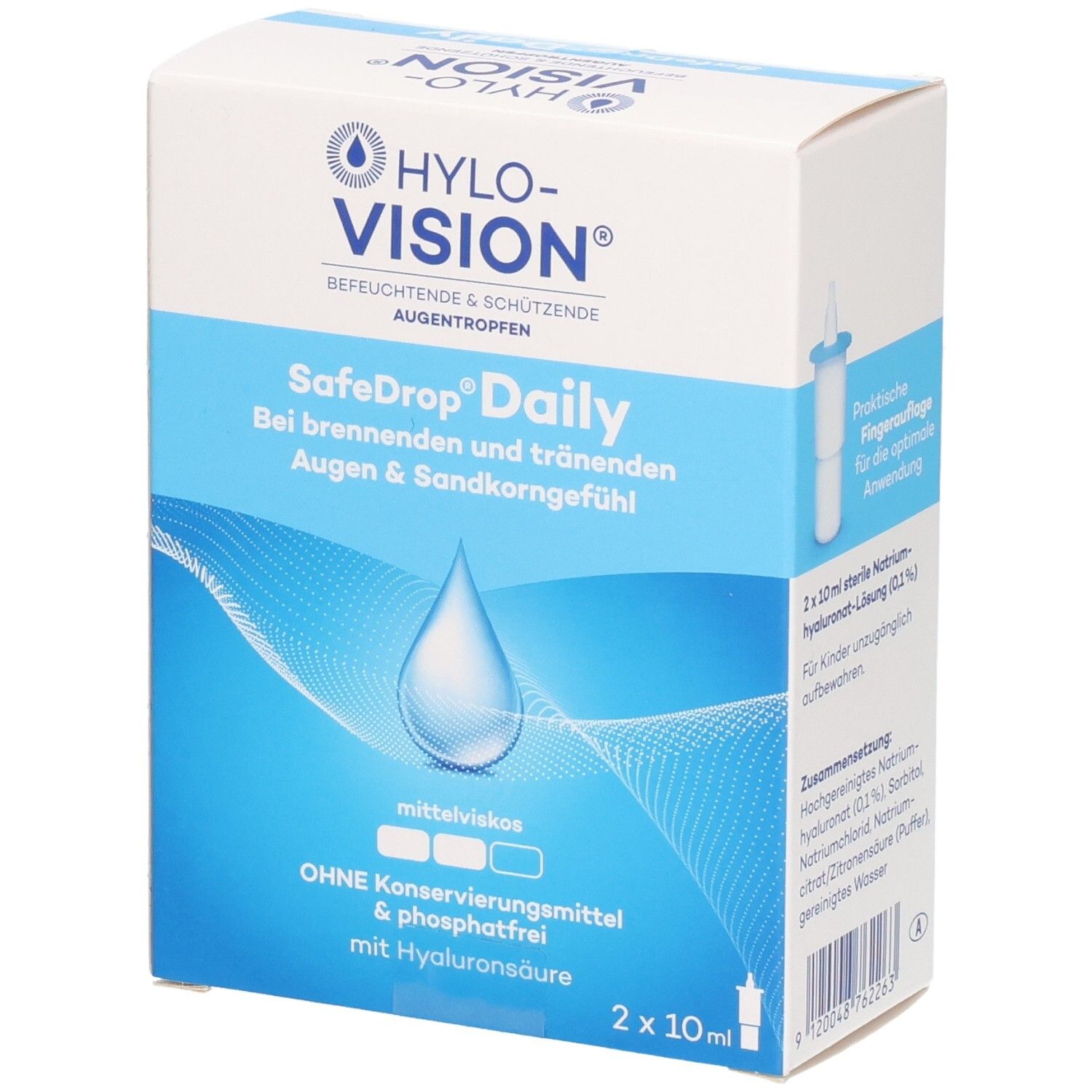 Vorderseite der HYLO-VISION® SafeDrop® Daily Augentropfen Schachtel. Mit Tropfen-Symbol und Wellenmuster.