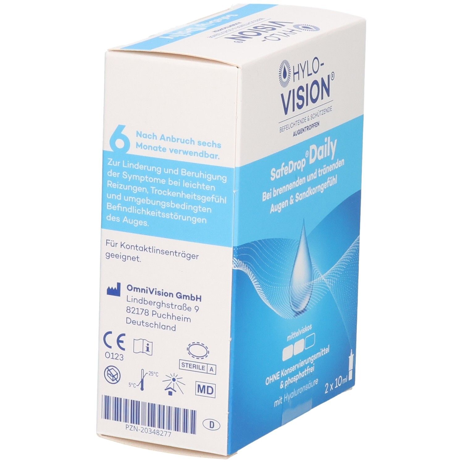 Seitenansicht der HYLO-VISION® SafeDrop® Daily Augentropfen Schachtel. Mit CE-Kennzeichnung und MD-Symbol.