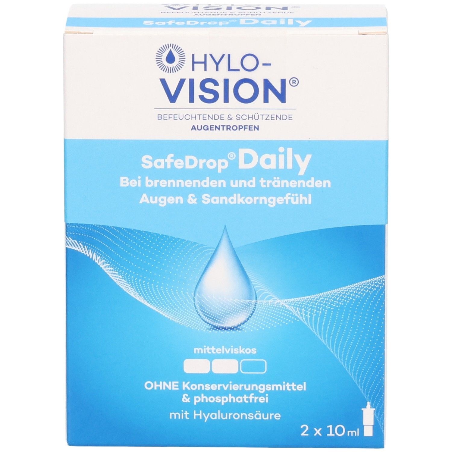 Vorderseite der HYLO-VISION® SafeDrop® Daily Augentropfen Schachtel. Fokus auf Tropfen-Symbol und Produktbezeichnung.