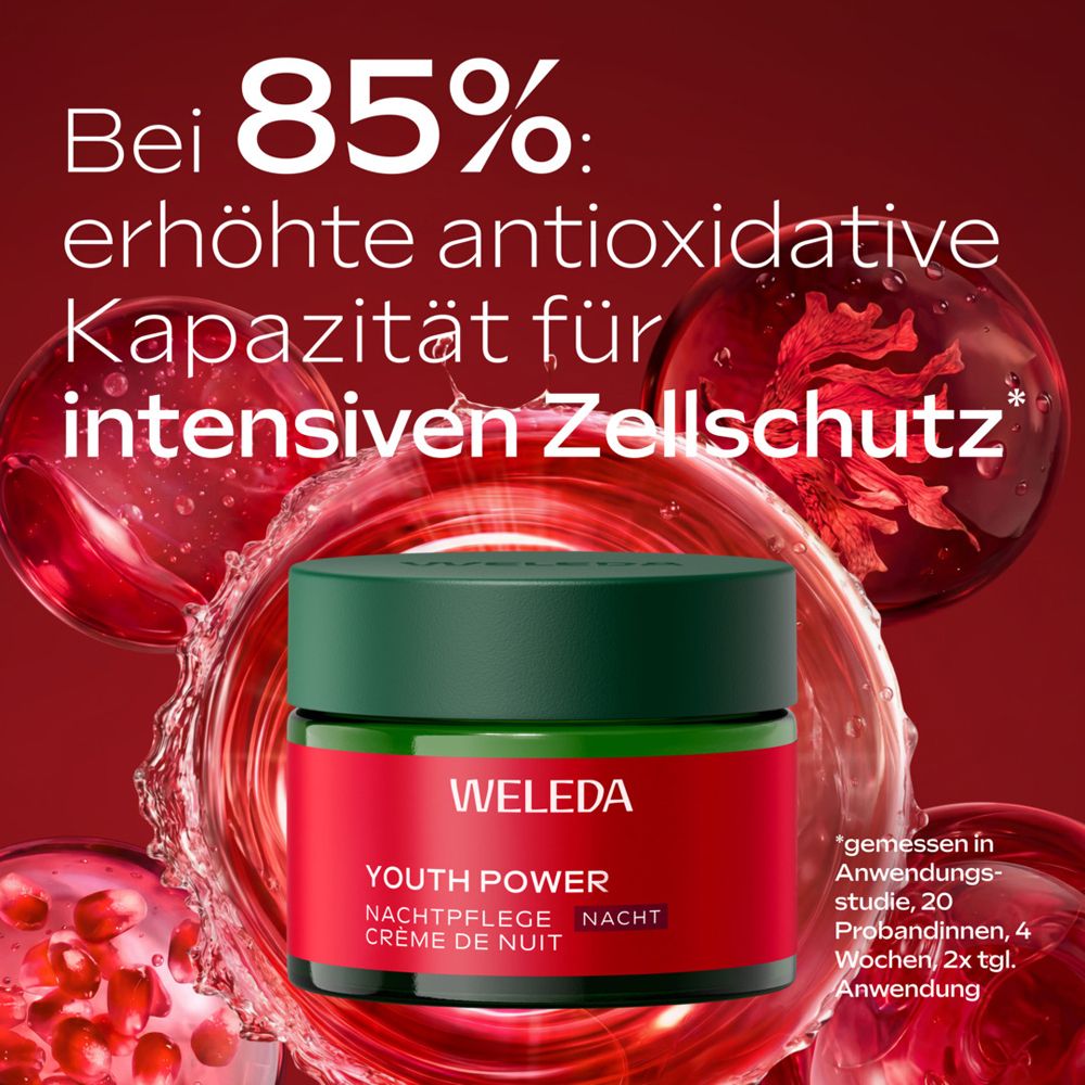 Weleda Youth Power Nachtpflege Tiegel vor abstraktem Hintergrund mit Granatapfel-Symbolen. 85% intensive Zellschutz.