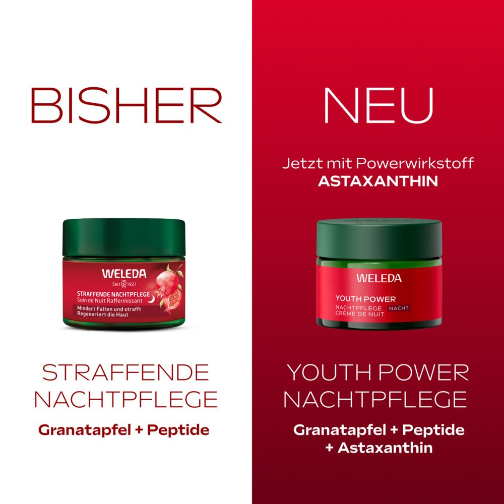 Vergleich Weleda Straffende Nachtpflege (bisher) mit Youth Power Nachtpflege (neu) mit Astaxanthin.