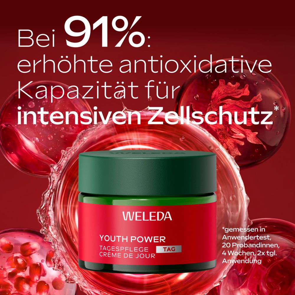 Weleda Youth Power Tagespflege mit Granatapfel und Astaxanthin für intensiven Zellschutz.