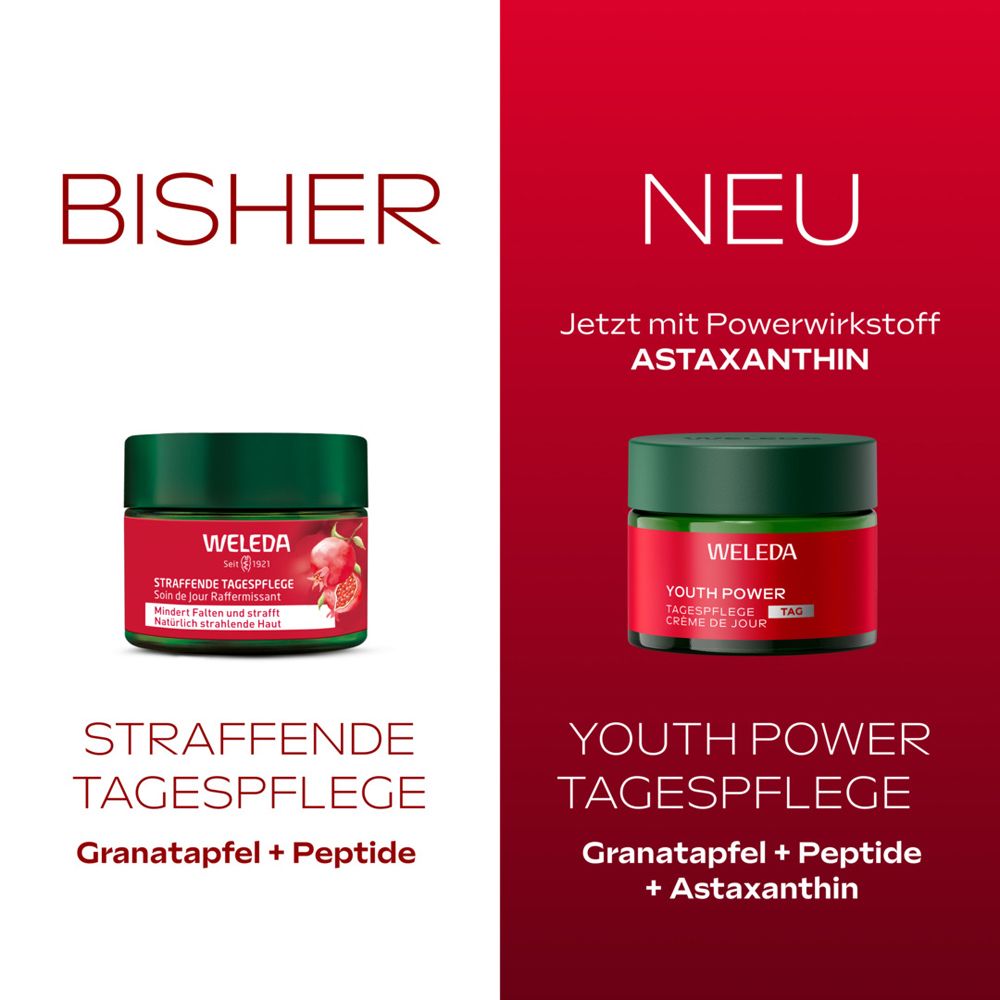 Vergleich: Weleda Straffende Tagespflege (bisher) vs. Youth Power Tagespflege (neu) mit Astaxanthin.