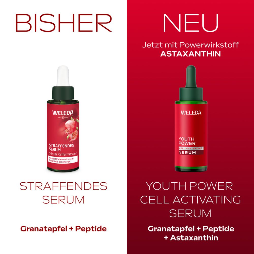 Vergleich von altem und neuem Weleda Serum, beide mit Granatapfel und Peptid.