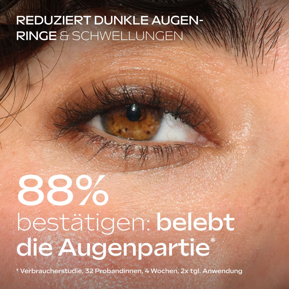 Nahaufnahme eines Auges mit Text "88% bestätigen: belebt die Augenpartie".