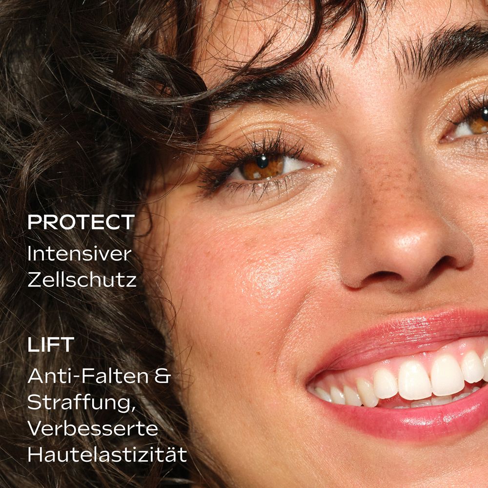 Frau mit strahlender Haut: "Protect: Intensiver Zellschutz".
