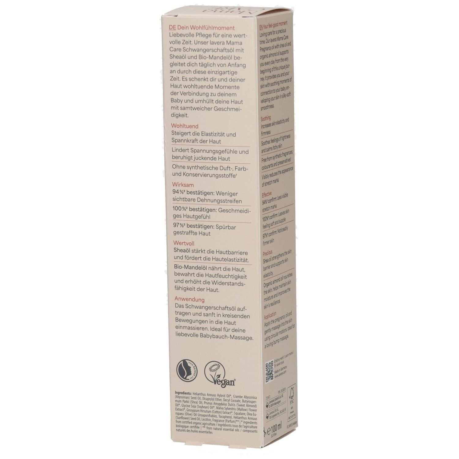 Lavera Mama Care Schwangerschaftsöl Verpackung mit deutschen Produktinformationen, Vegan-Siegel.
