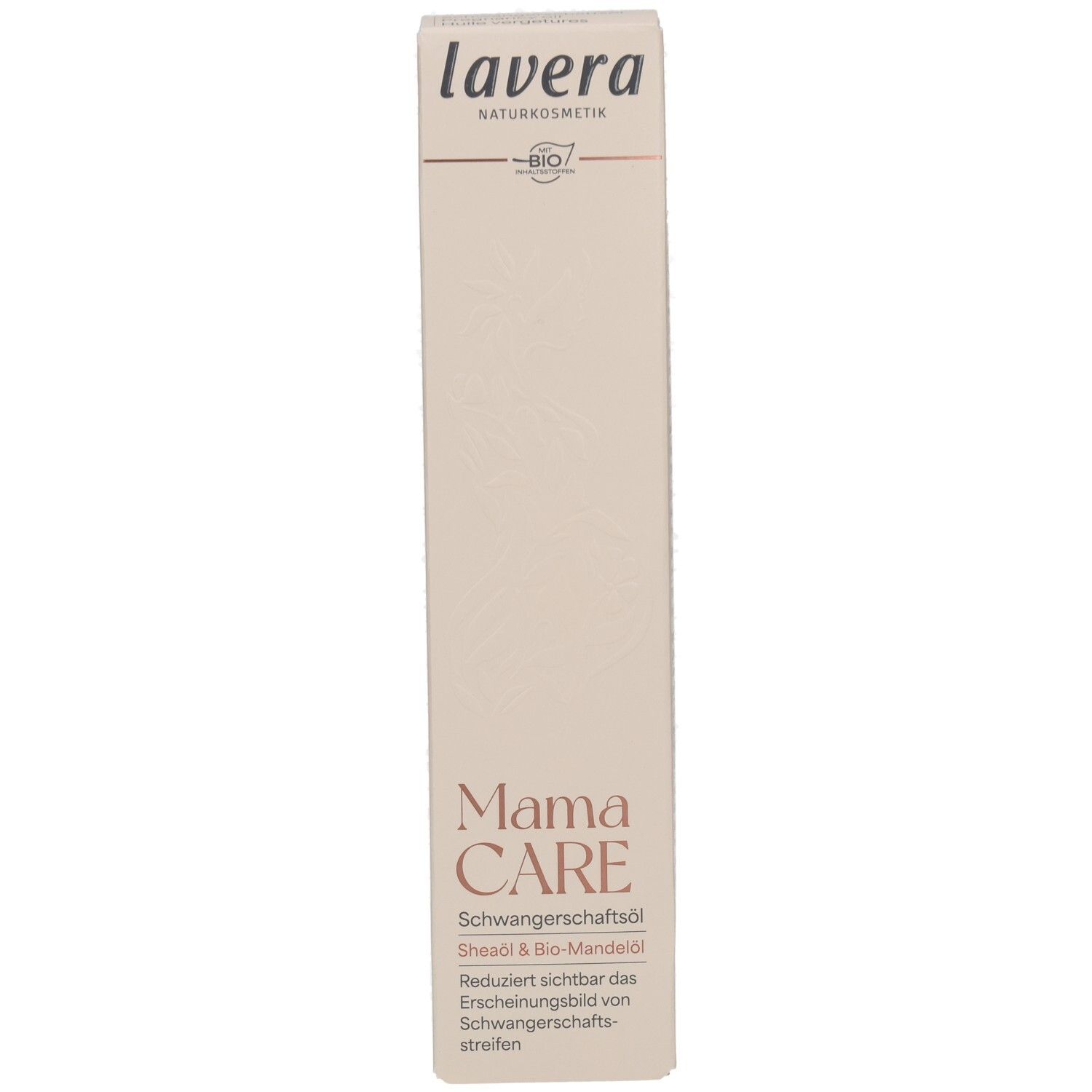 Lavera Mama Care Schwangerschaftsöl Verpackung mit Fokus auf Logo und Produktnamen.