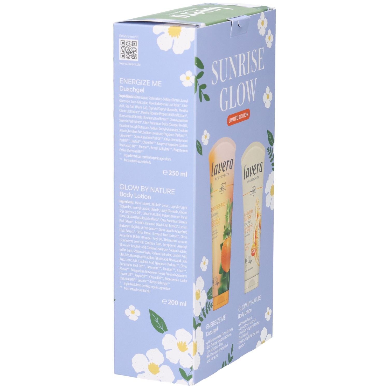 Lavera Geschenkset Sunrise Glow, Seitenansicht mit Produktinformationen und Tuben.