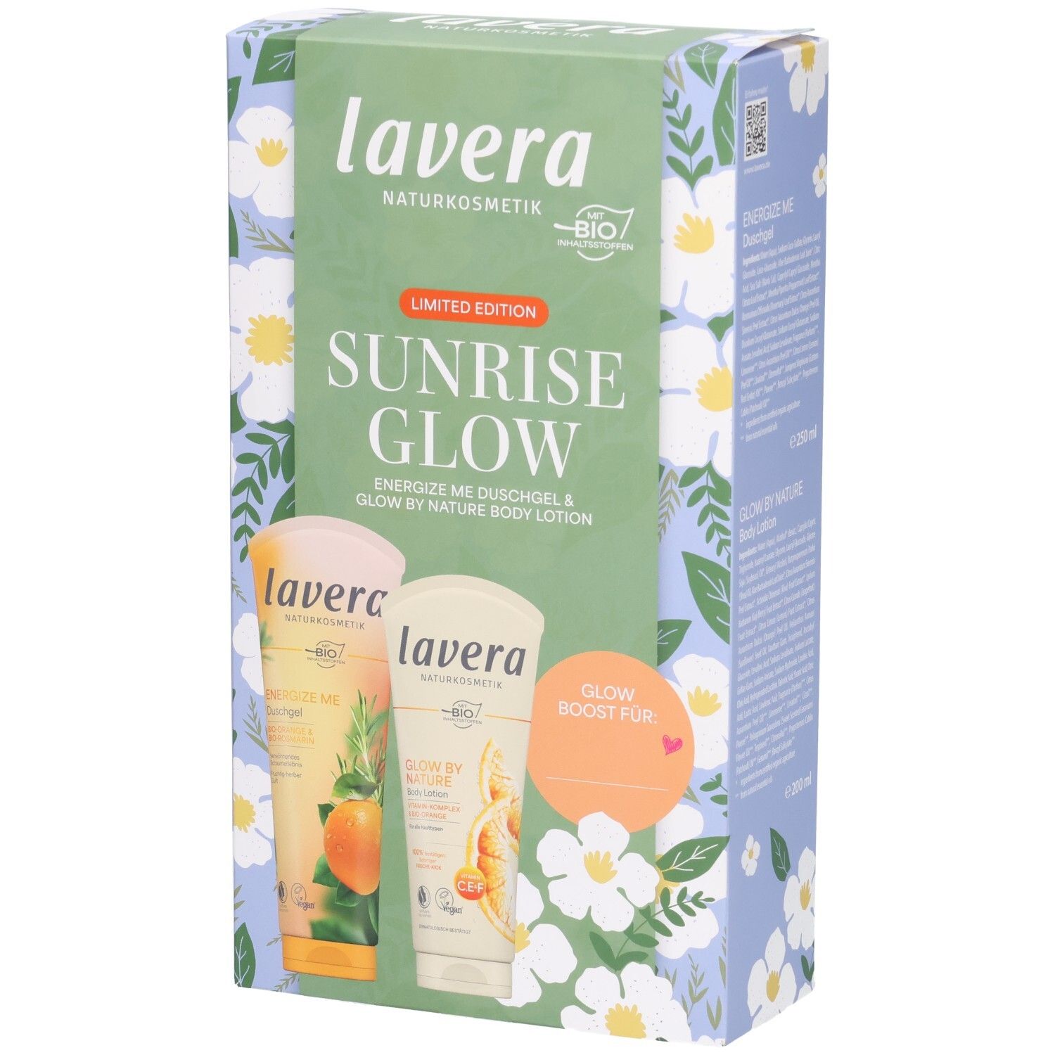 Lavera Geschenkset Sunrise Glow mit zwei Tuben: Duschgel und Body Lotion. Vorderseite der Verpackung.