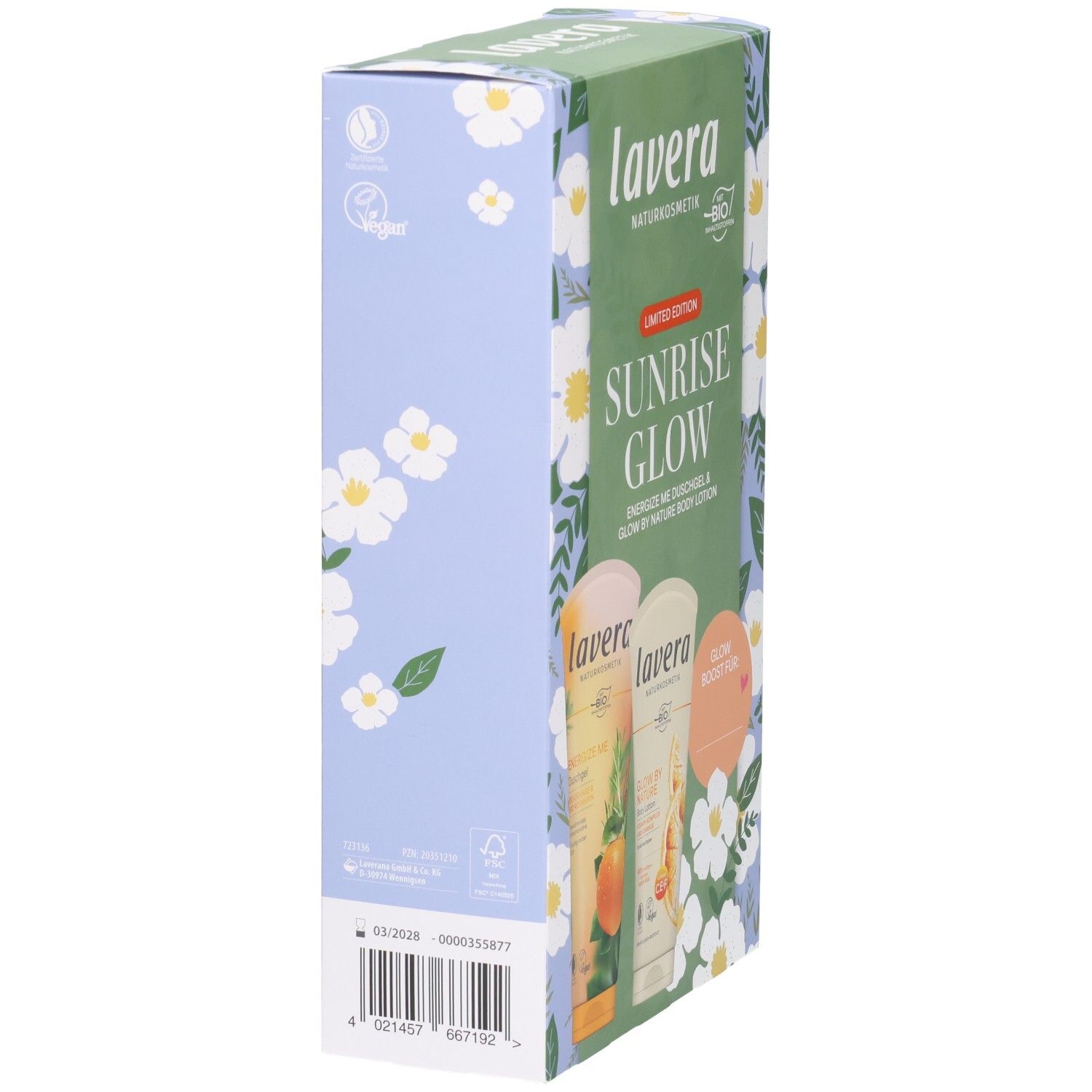 Lavera Geschenkset Sunrise Glow, Seitenansicht mit Produktinformationen und Tuben.