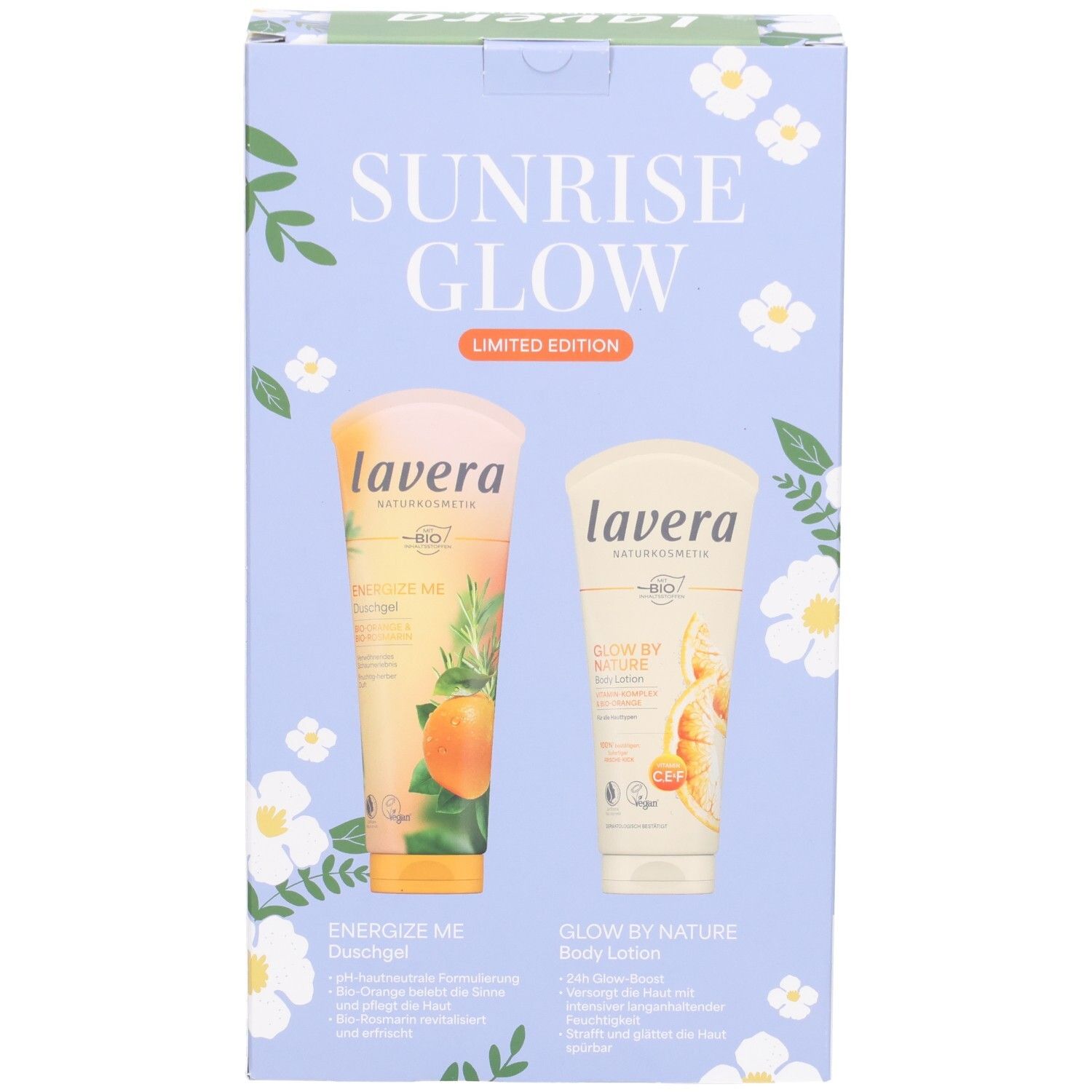 Lavera Geschenkset Sunrise Glow mit zwei Tuben: Duschgel und Body Lotion. Vorderseite der Verpackung.