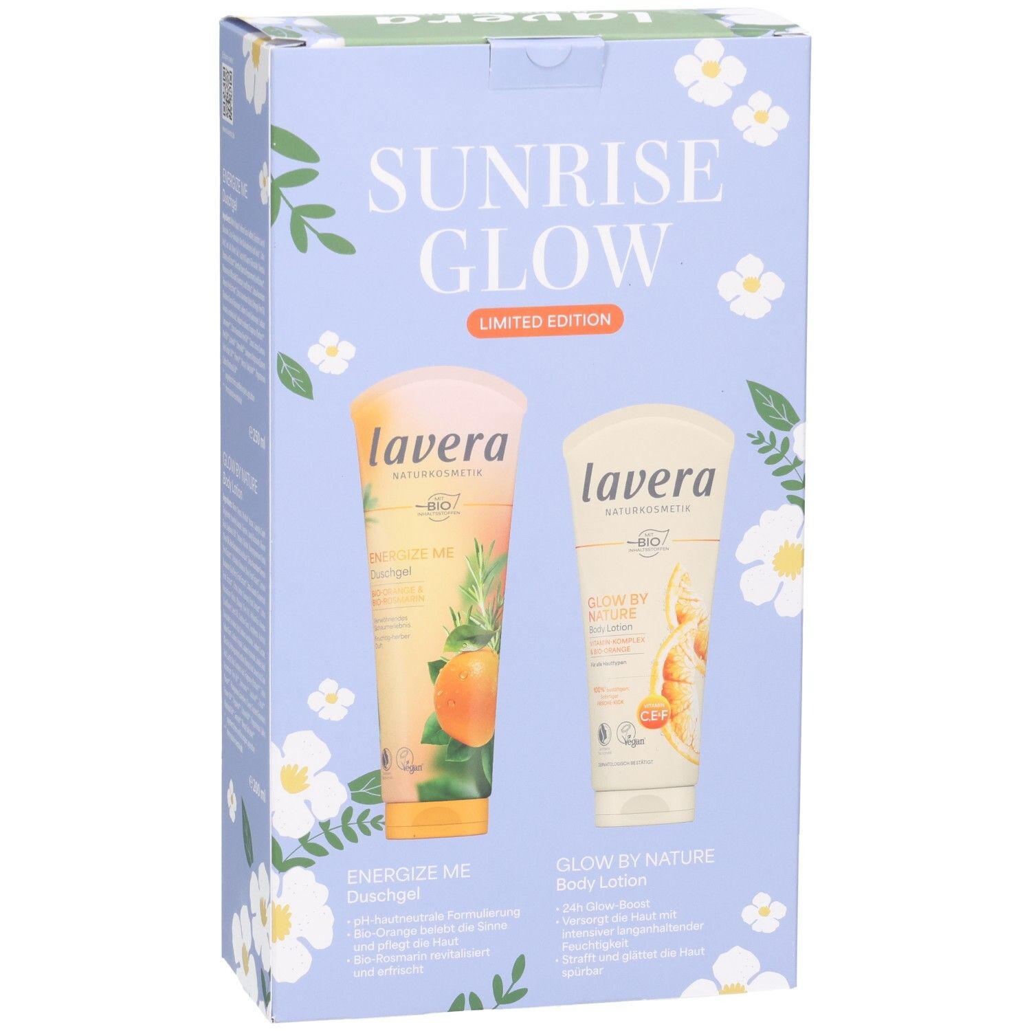 Lavera Geschenkset Sunrise Glow mit zwei Tuben: Duschgel und Body Lotion. Vorderseite der Verpackung.
