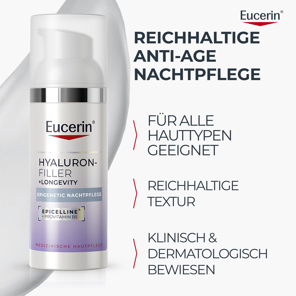 Eucerin Hyaluron-Filler +Longevity Nachtpflege Flakon. Reichhaltige Anti-Age Nachtpflege.