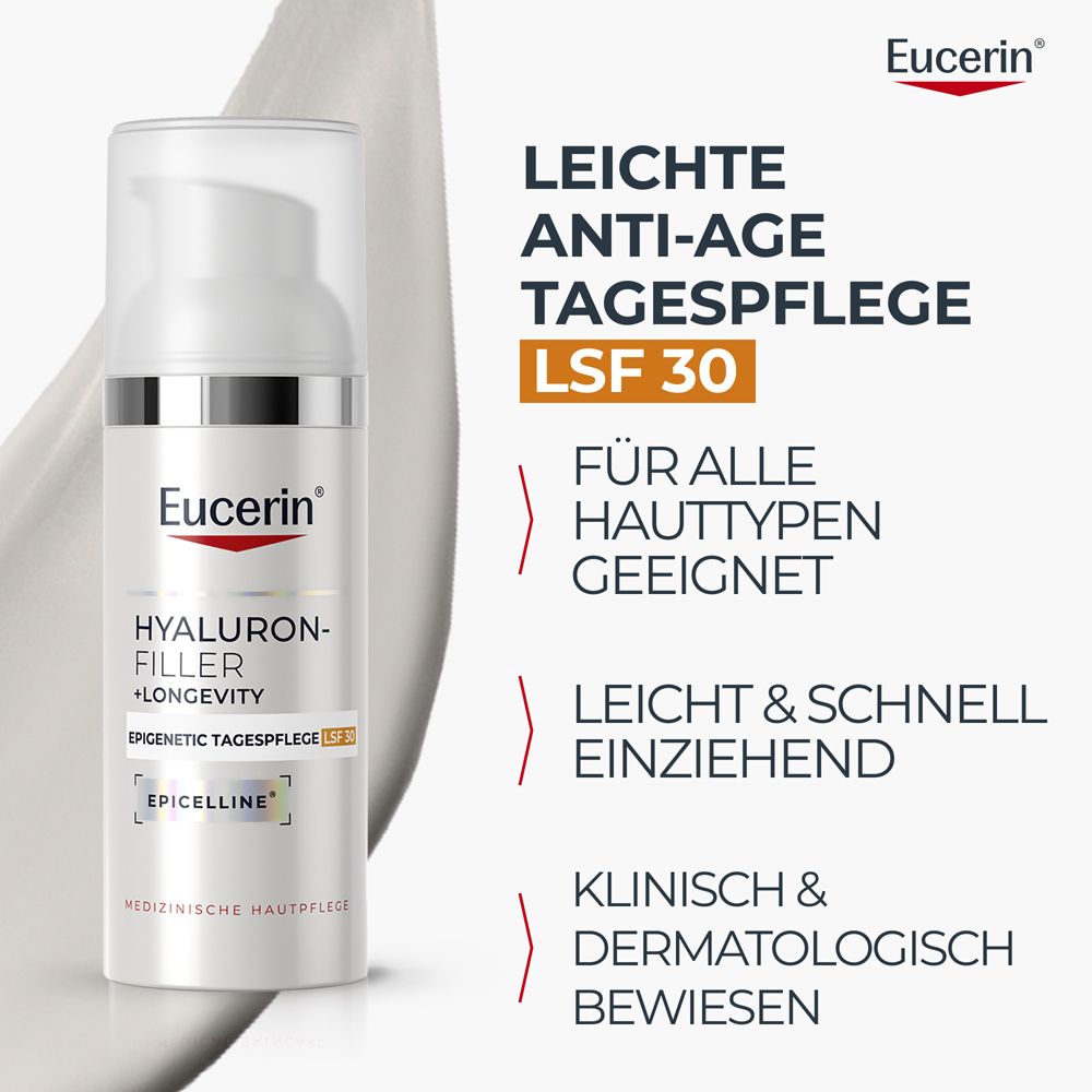 Leichte Eucerin Hyaluron-Filler +Longevity Tagespflege LSF 30. Für alle Hauttypen geeignet.