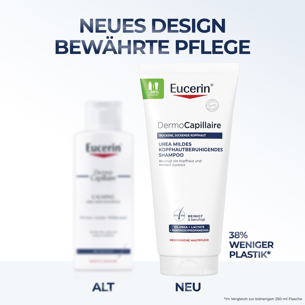 Vergleich von altem und neuem Design Eucerin DermoCapillaire Shampoo. 38% weniger Plastik.