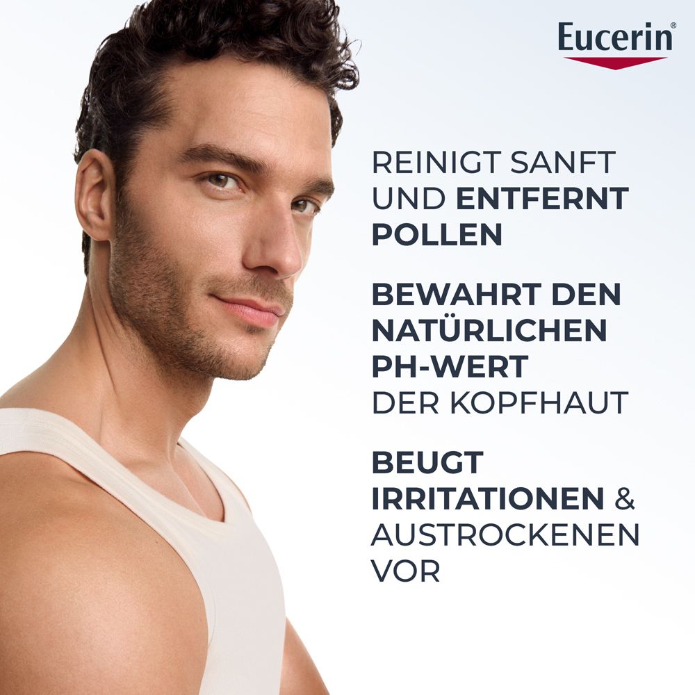 Mann mit weißem Tanktop, Eucerin DermoCapillaire pH5 Mildes Shampoo Text.
