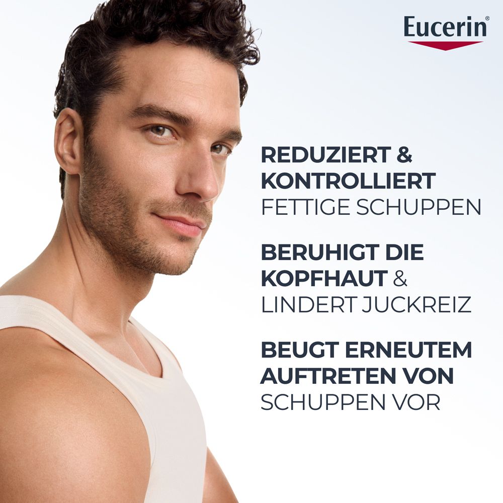 Mann mit Eucerin DermoCapillaire Anti-Schuppen Gel Shampoo, Text über fettige Schuppen und Kopfhautberuhigung.