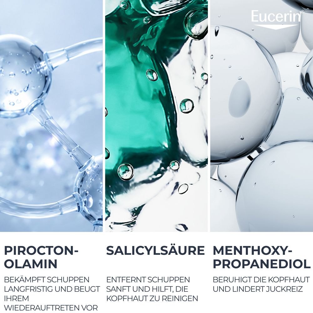 Abstrakte Darstellungen von Pirocton-Olamin, Salicylsäure und Menthol-Propanediol, Inhaltsstoffe des Shampoos.