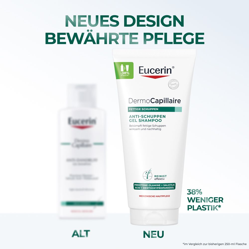 Vergleich von altem und neuem Design der Eucerin DermoCapillaire Anti-Schuppen Gel Shampoo Tube.