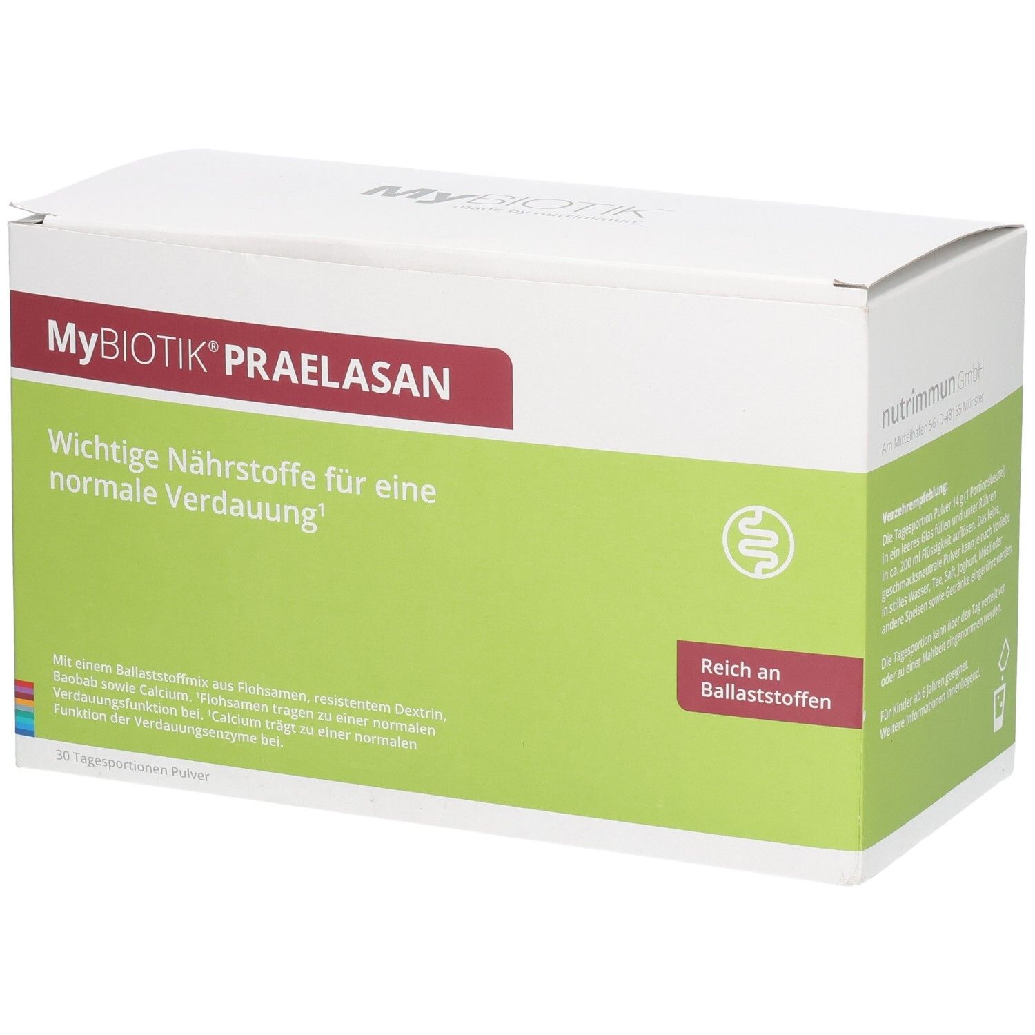 Verpackung von MyBIOTIK® Praelasan mit Aufschrift 'Wichtige Nährstoffe für eine normale Verdauung'.