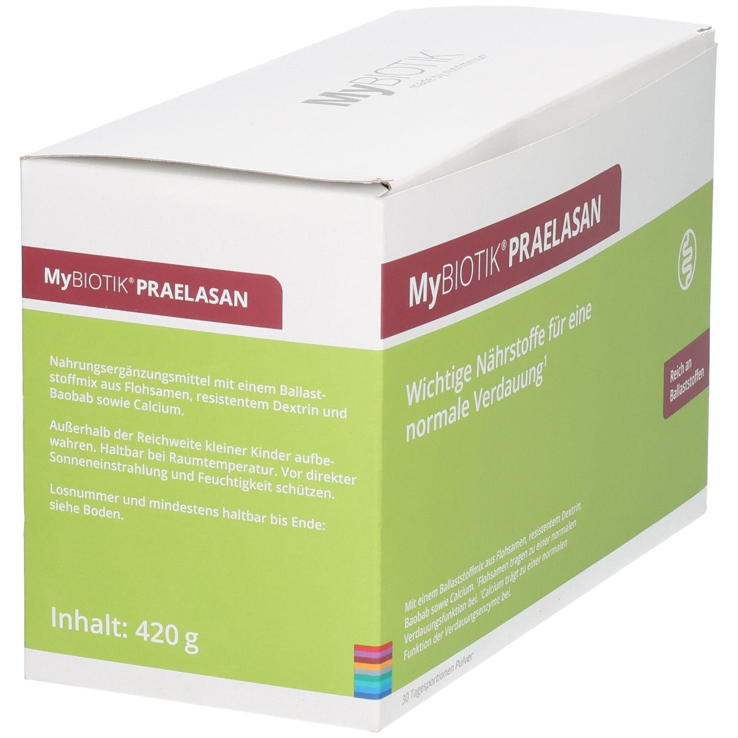 Verpackung von MyBIOTIK® Praelasan, Vorderseite mit Inhaltsangabe 420g.