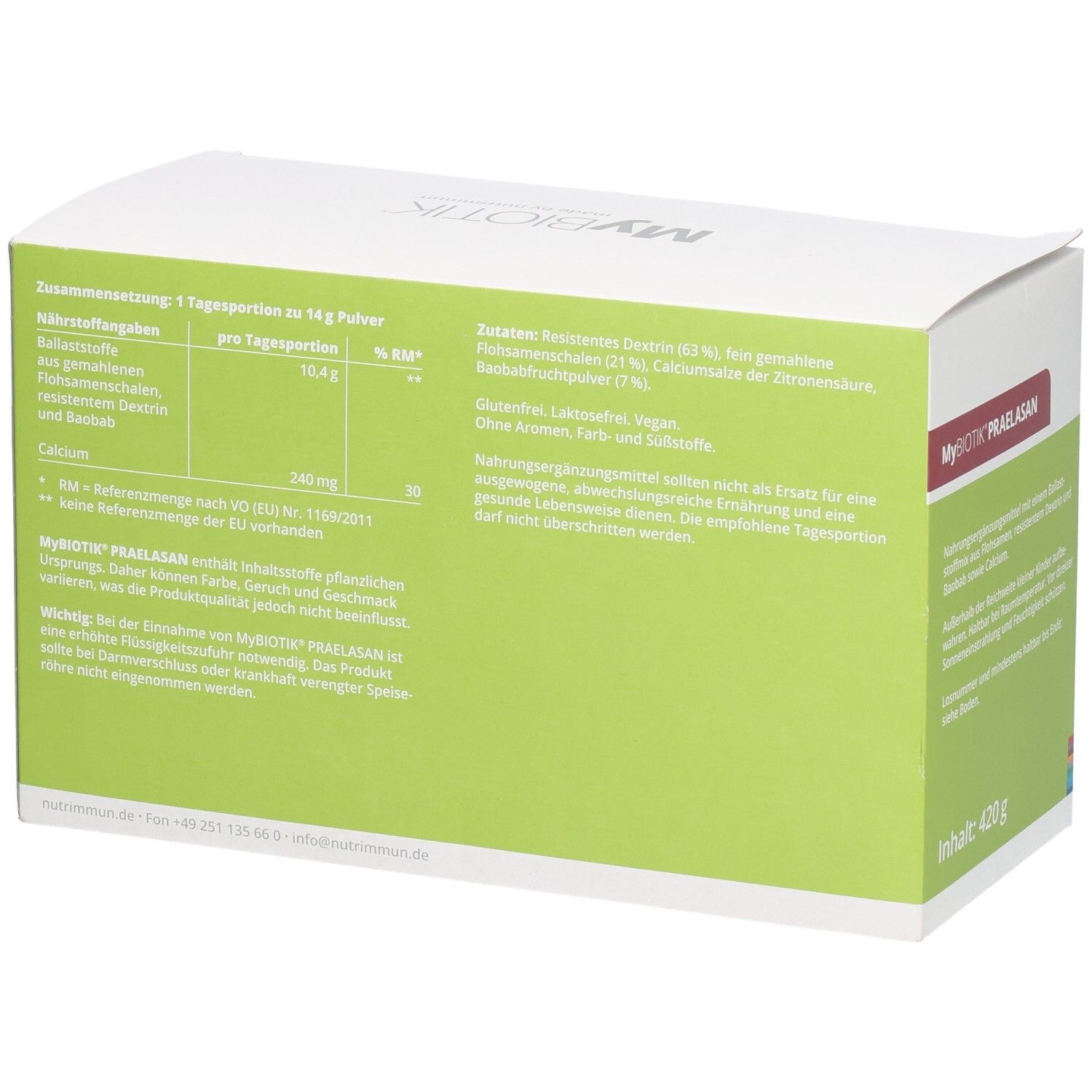 Rückseite der MyBIOTIK® Praelasan Verpackung mit Nährwertangaben und Zutatenliste.