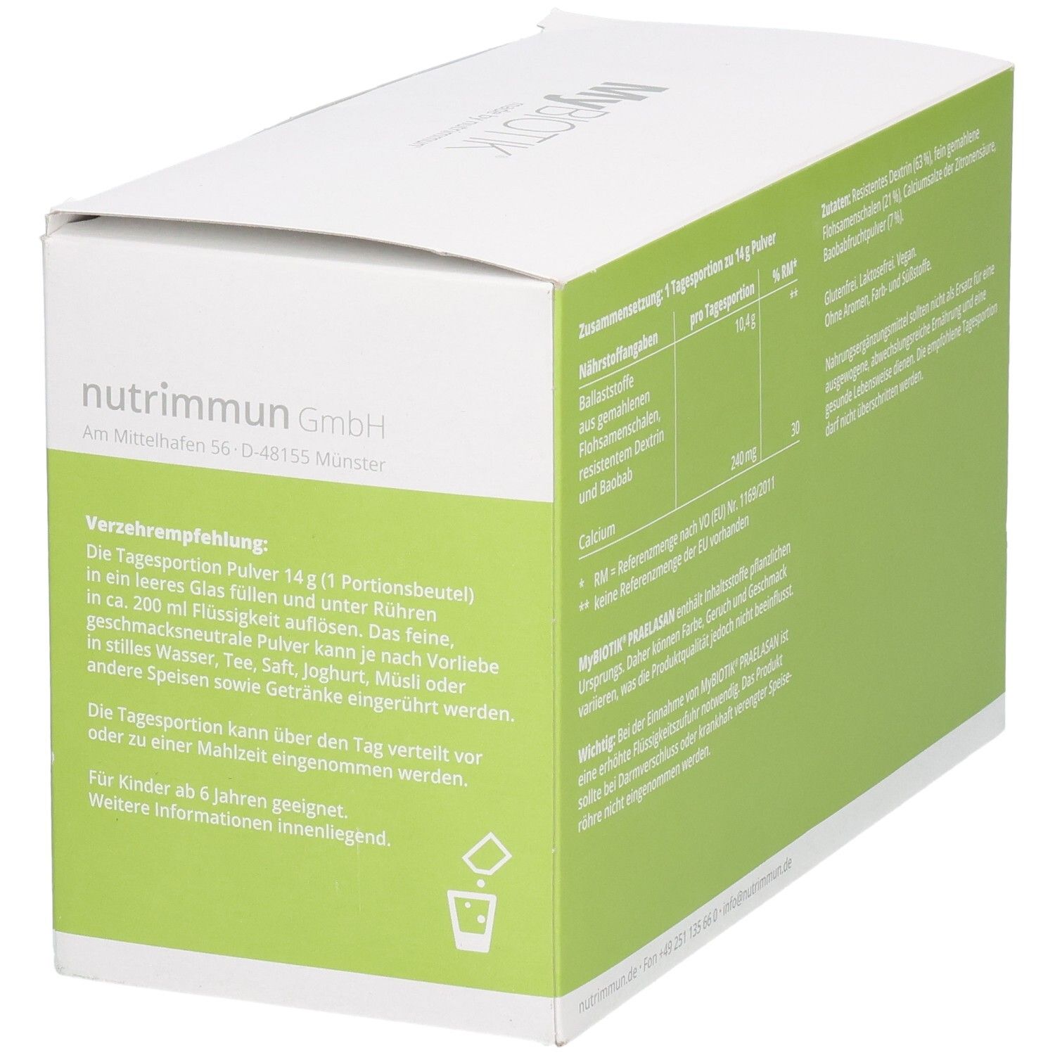 Seite der MyBIOTIK® Praelasan Verpackung mit Anwendungshinweisen und Herstelleradresse.
