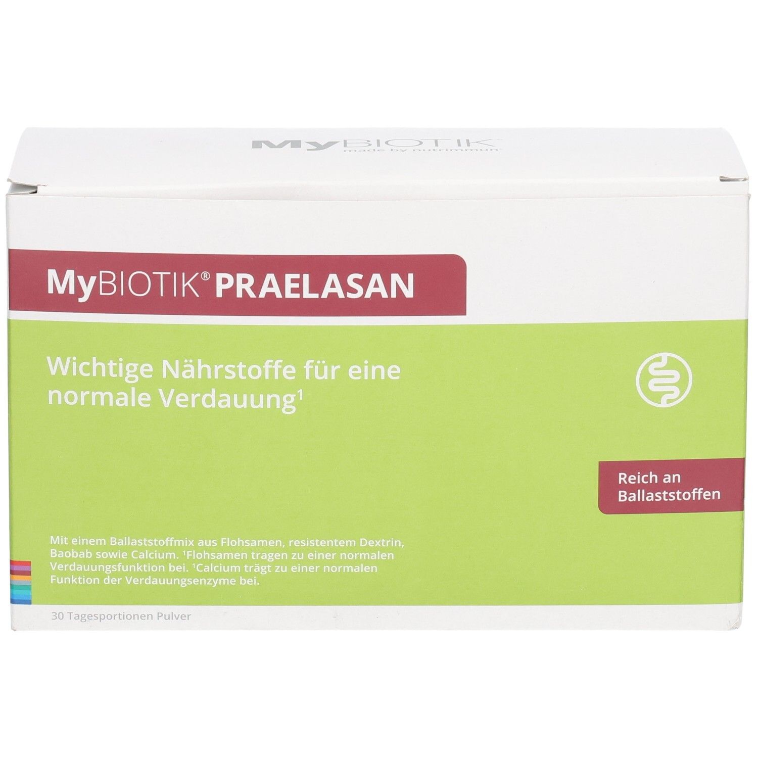 Verpackung von MyBIOTIK® Praelasan, Vorderseite mit Aufschrift 'Reich an Ballaststoffen'.