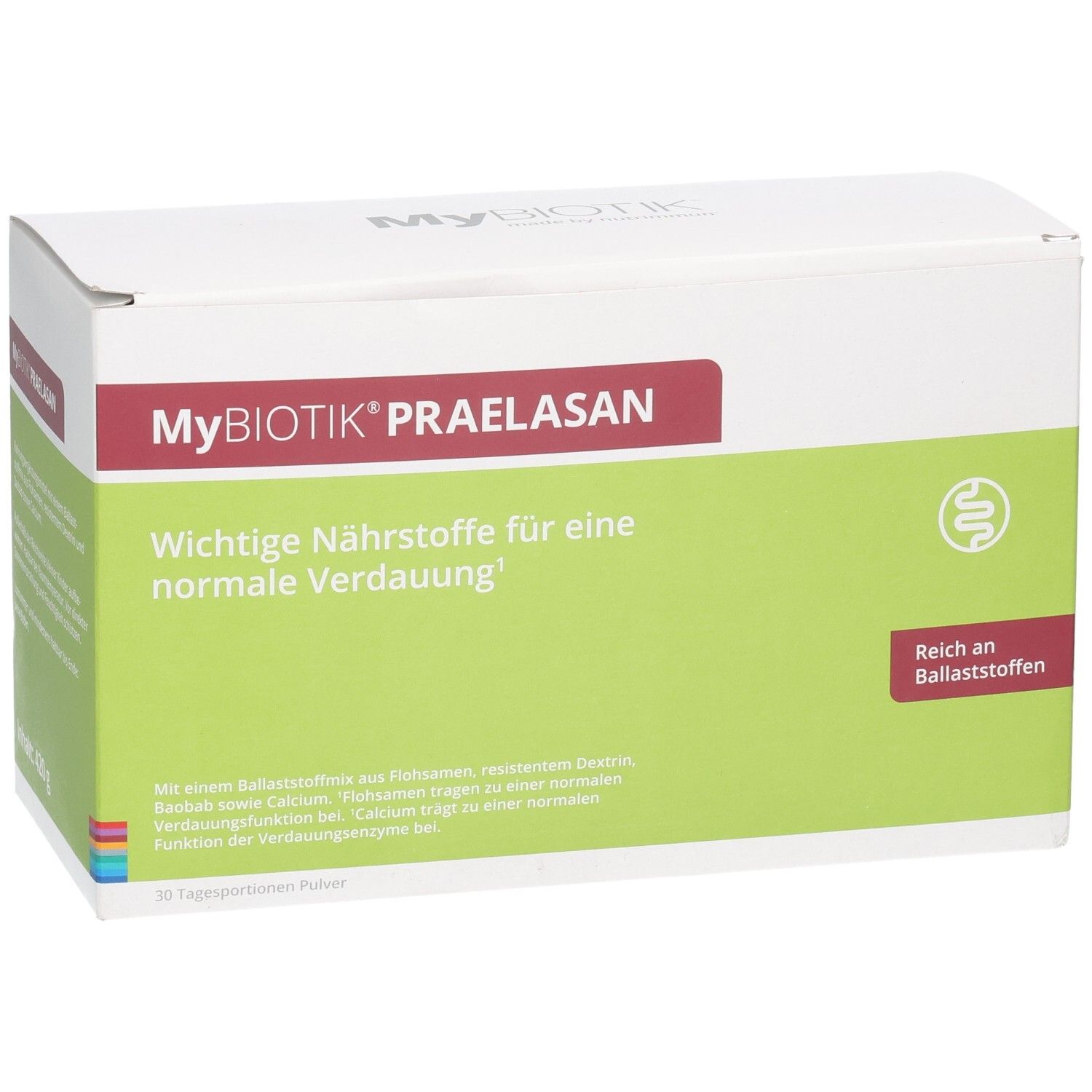 Verpackung von MyBIOTIK® Praelasan, Vorderseite mit Aufschrift 'Reich an Ballaststoffen'.