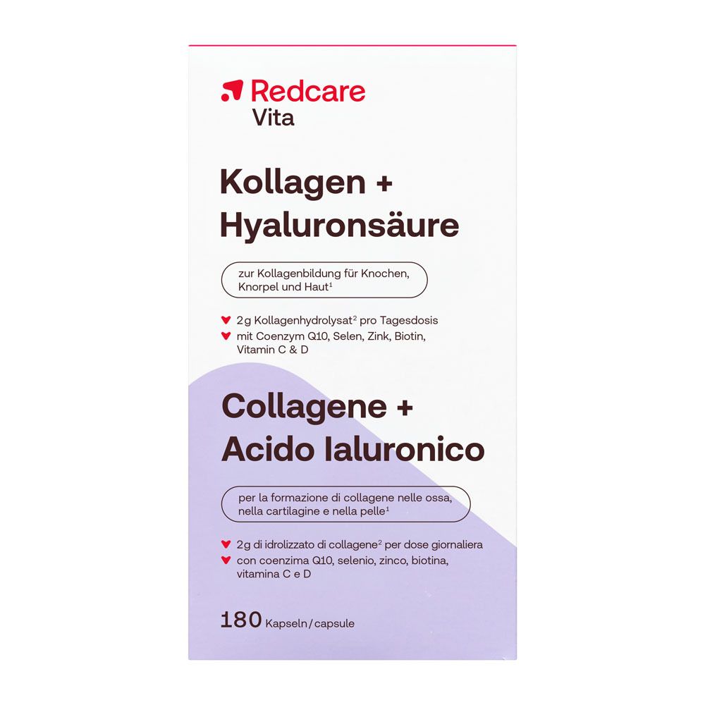 Verpackung von Redcare Vita Kollagen + Hyaluronsäure, 180 Kapseln.