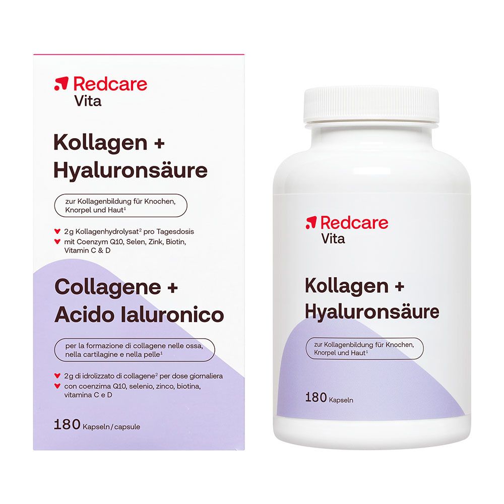 Redcare Vita Kollagen + Hyaluronsäure Dose und Verpackung, 180 Kapseln.