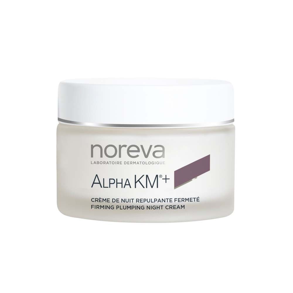 Creme-Tiegel mit weißem Deckel. Aufschrift: Noreva, Alpha KM+ und weitere Produktinformationen.