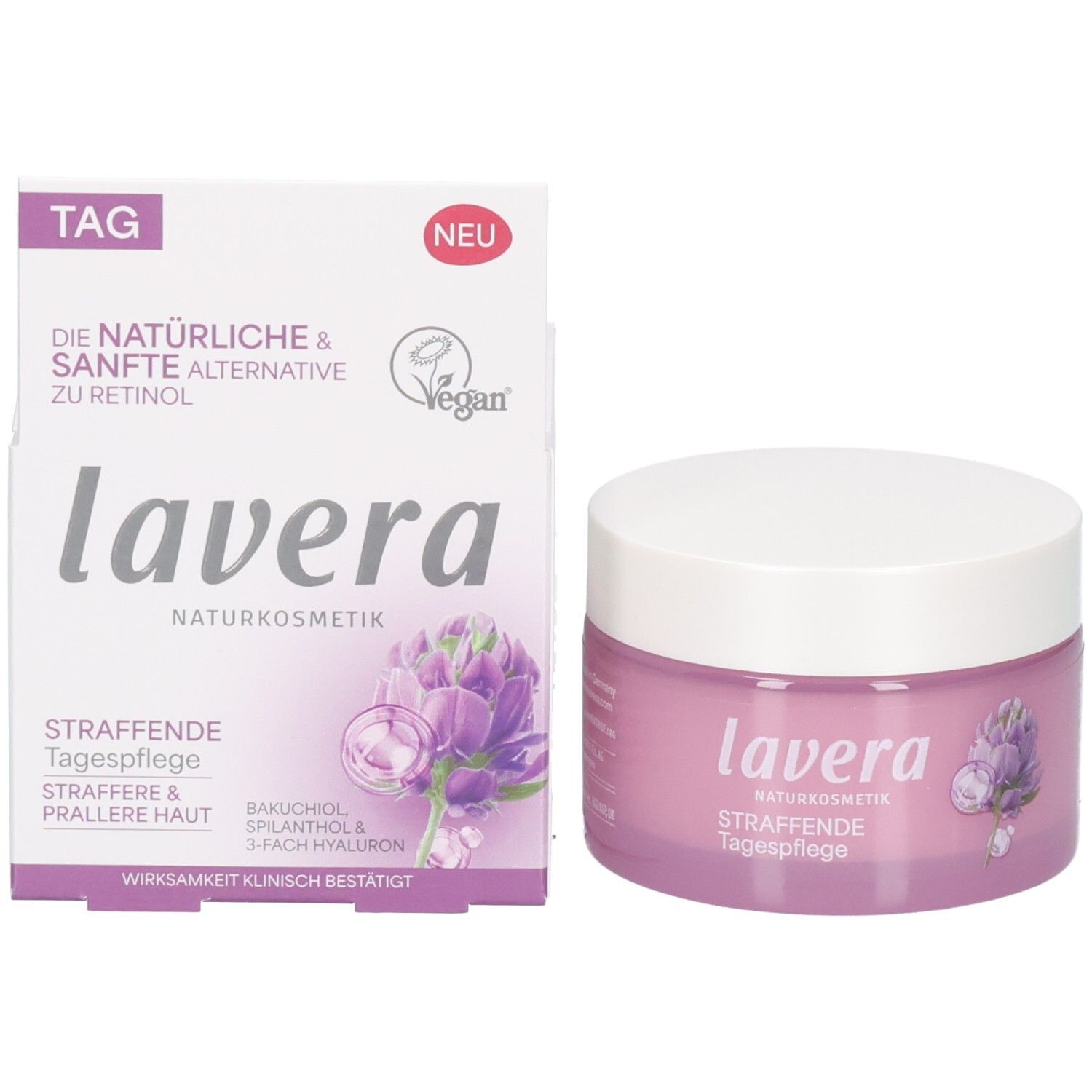 Lavera Straffende Tagespflege und Kartonverpackung. Karton mit Aufschrift 'TAG' und 'NEU'.