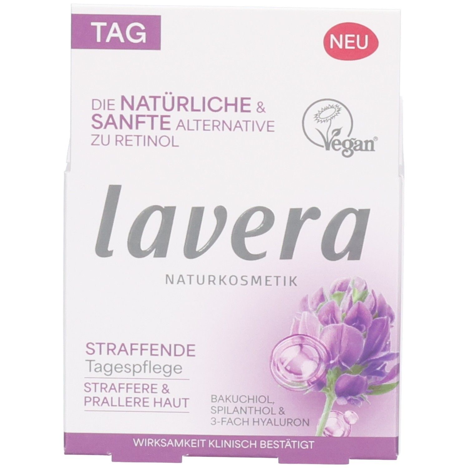 Kartonverpackung Lavera Straffende Tagespflege mit Siegeln 'Vegan' und 'NATRUE'.