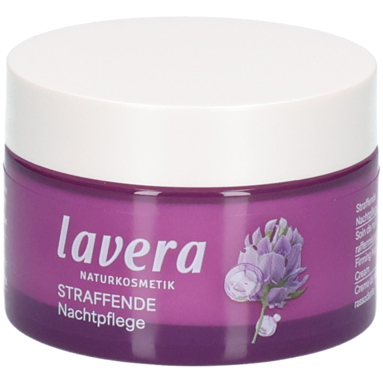 Lila Tiegel mit weißem Deckel, Lavera Naturkosmetik Straffende Nachtpflege und lila Blüte.