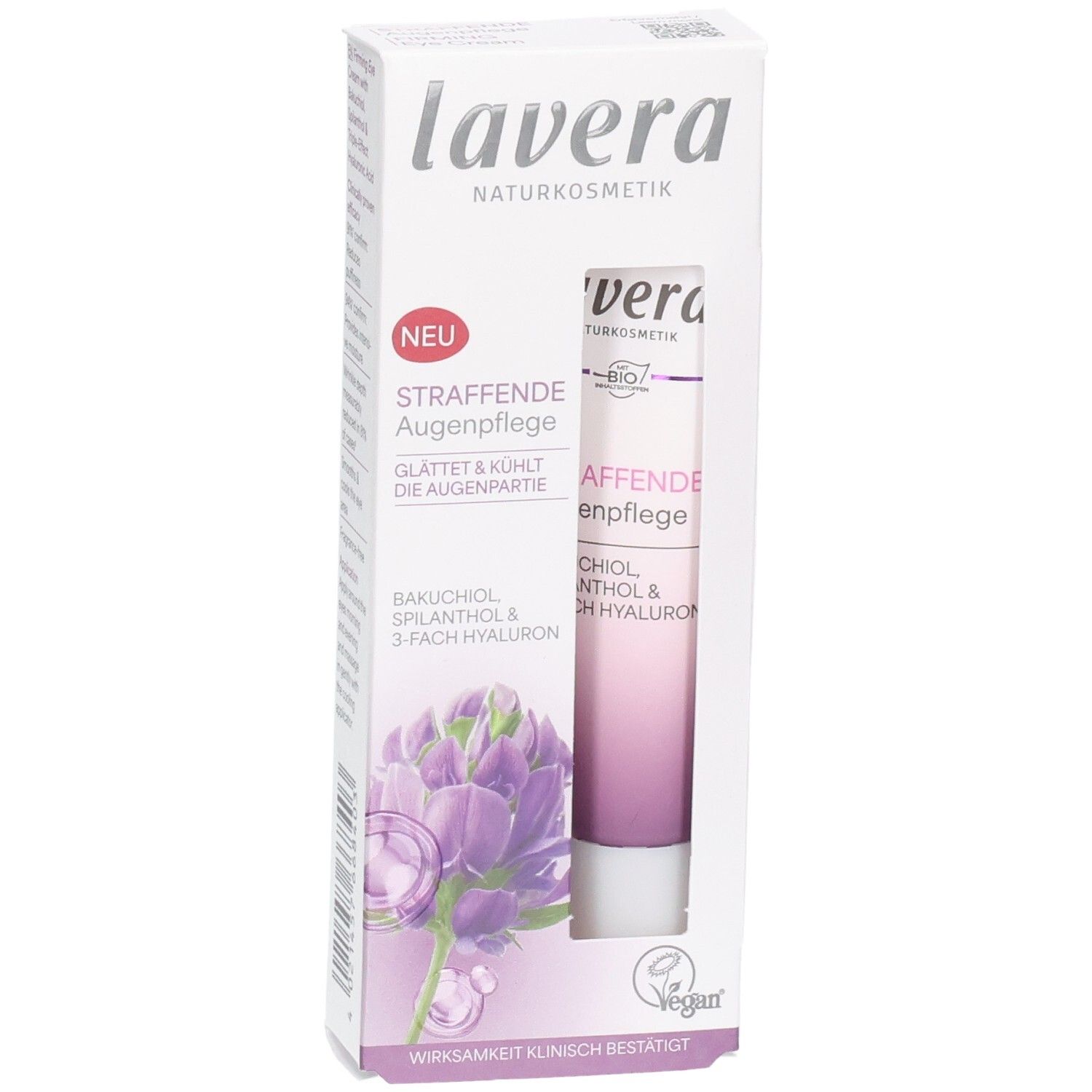 Lavera Naturkosmetik Straffende Augenpflege in Faltschachtel mit Tube, Vorderansicht.