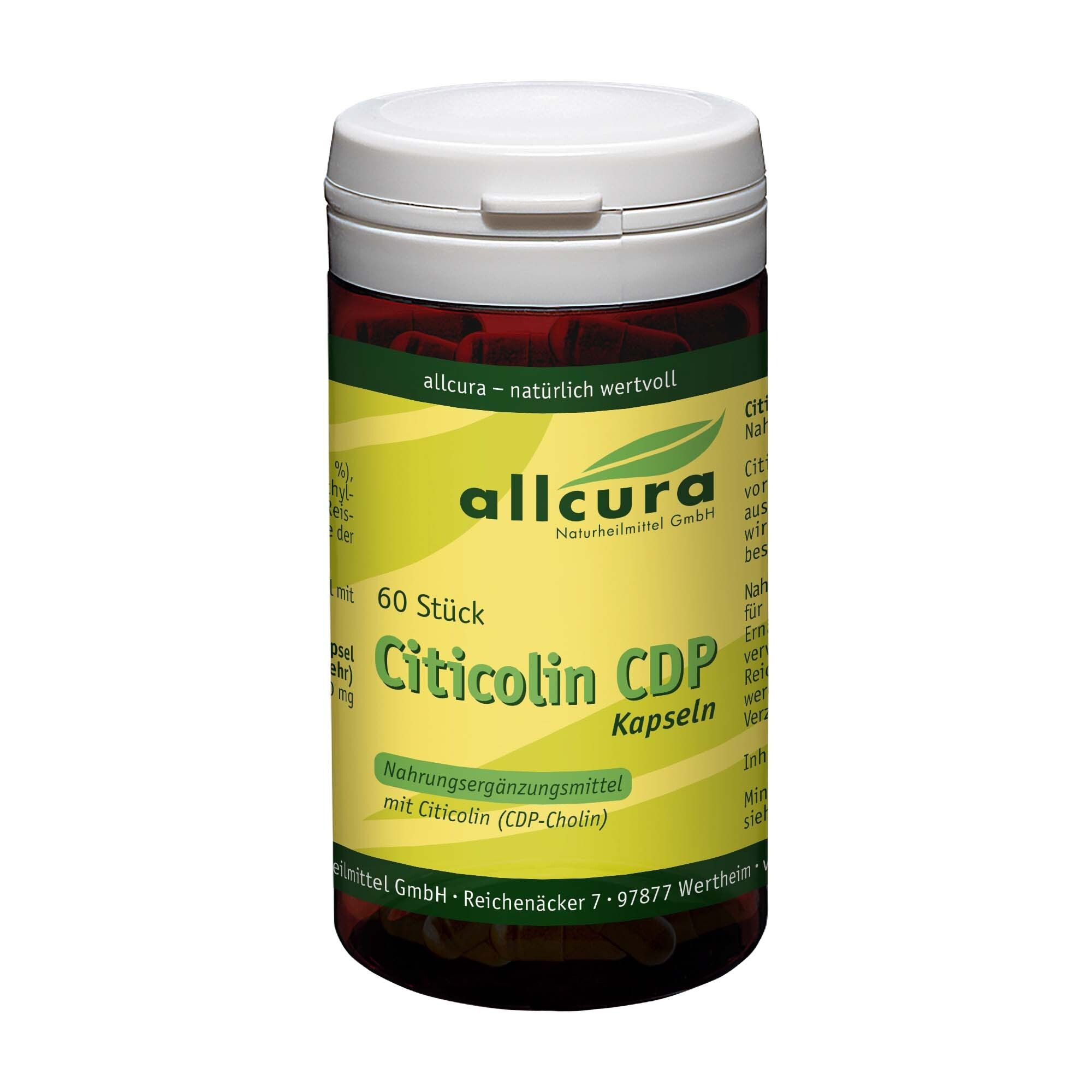 Braune Kapseln in einer weißen Dose. Aufschrift: Citicolin CDP Kapseln, 60 Stück. Marke: allcura.