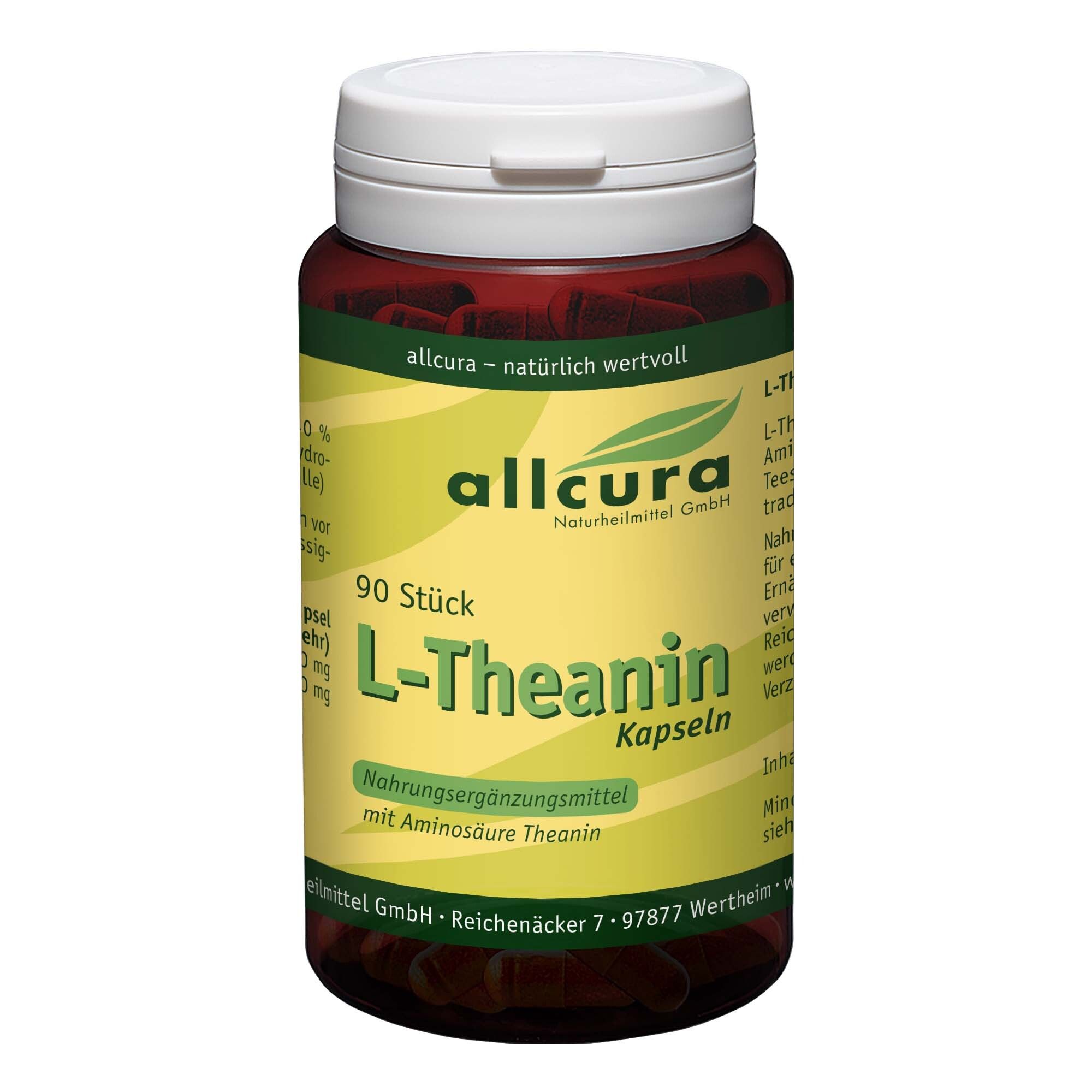 Braune Kapsel-Dose mit weißem Deckel. Aufschrift: allcura L-Theanin Kapseln, 90 Stück. Gelbes Etikett mit grünen Akzenten.
