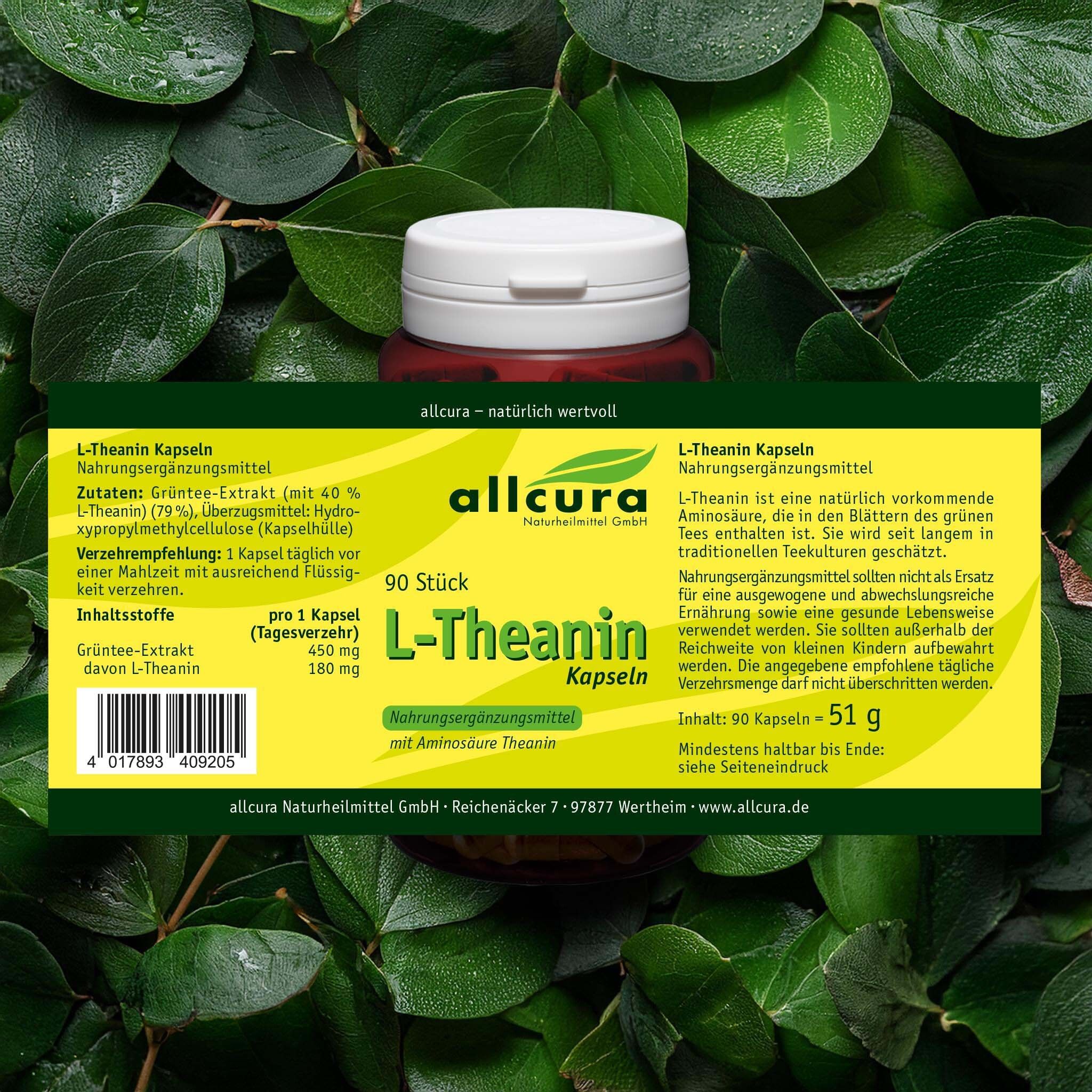 Braune Kapsel-Dose mit weißem Deckel, umgeben von grünen Blättern. Gelbes Etikett mit Text: L-Theanin Kapseln, 90 Stück, allcura.