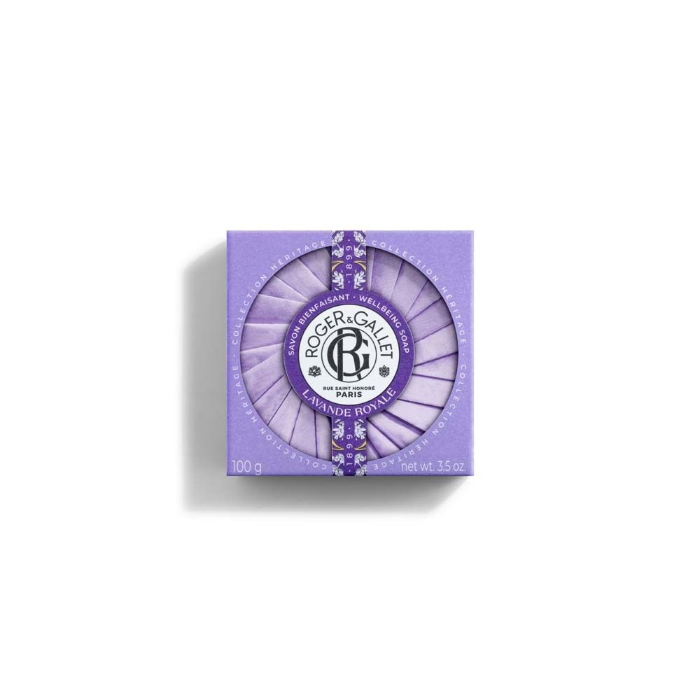 Quadratische Schachtel mit runder Seife. Logo und Text: Lavande Royale, Roger & Gallet, Paris. 100g.